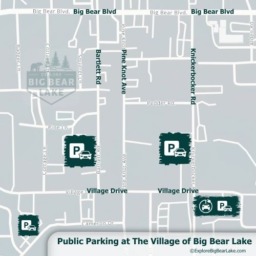 Public parking map for The Village at Big Bear Lake copyright ExploreBigBearLake.com