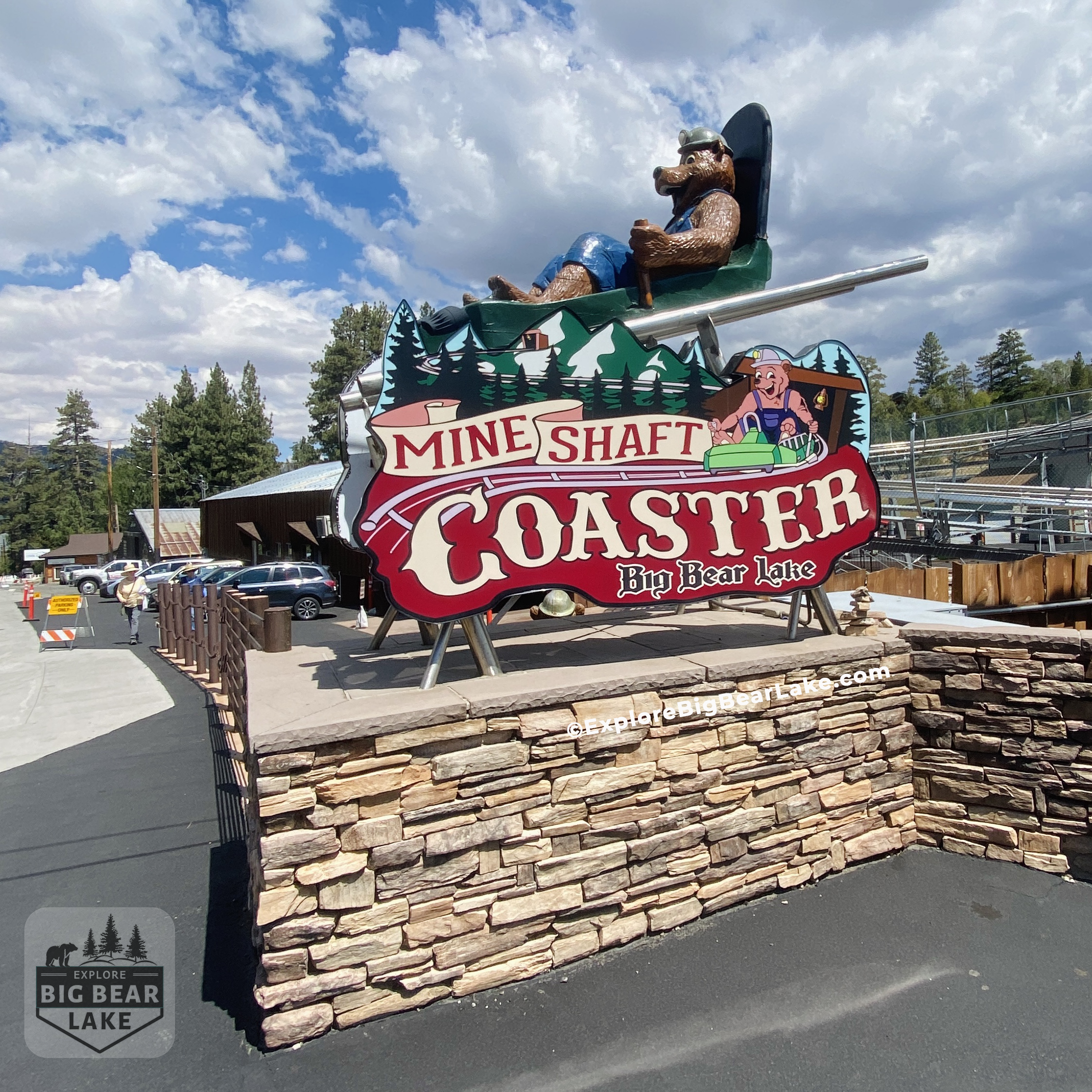 MineShaft coaster sign with bear on coaster, alpine slide big bear copyright-Explorebigbearlake.com