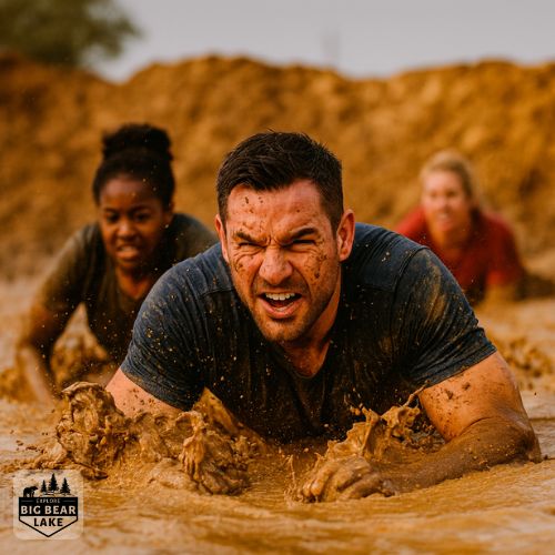 runner covered in mud crawling during the Big Bear Mud Run Tough Mudder x In-n-Out event copyright ExploreBigBearLake
