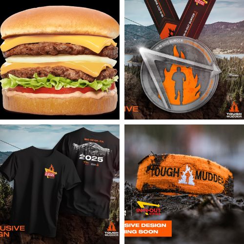 tough mudder swag and awards include in-n-out double double burger, medal, shirt and headband