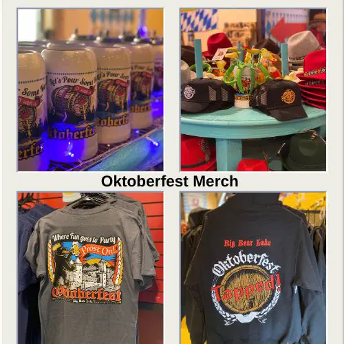 Oktoberfest merchandise table at Big Bear Lake featuring souvenir steins, shirts, and hats for festival visitors.”