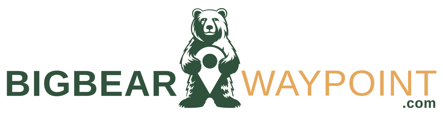 BigBearWaypoint linear logo, green and yellow, with standing bear copyright BigBearWaypoint.com