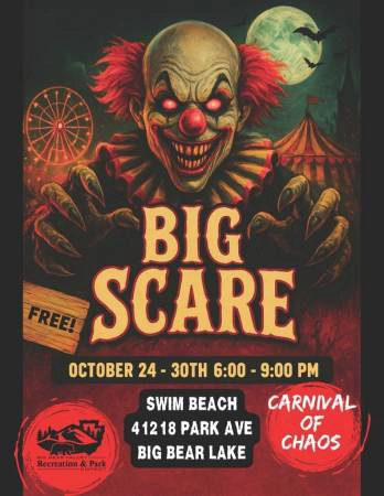 Poster for Big Scare Carnival of Chaos Halloween event in Big Bear showing a sinister clown and carnival tent.