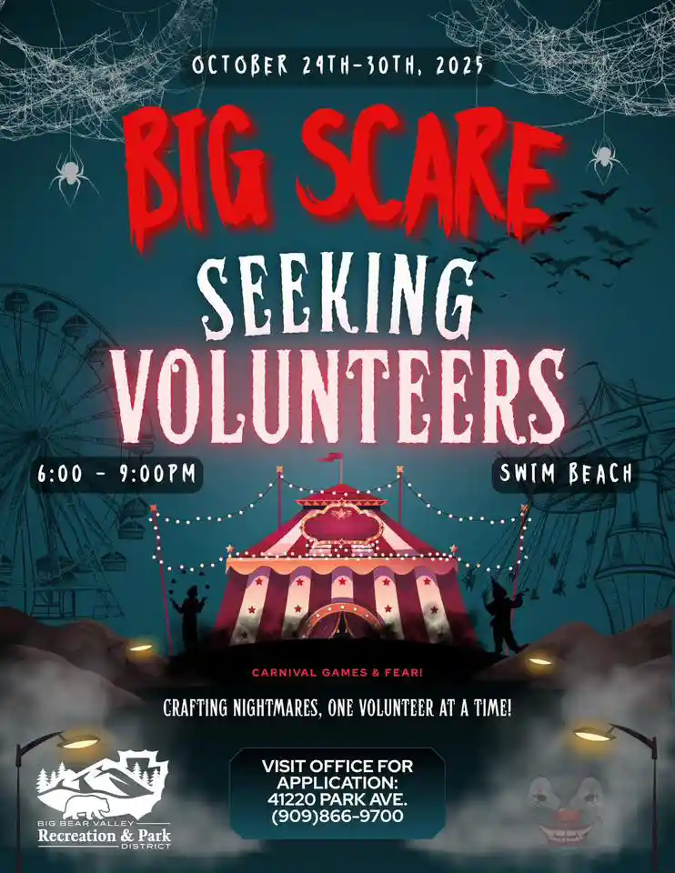 Poster for Big Scare Halloween event in Big Bear featuring a spooky circus tent, bats, and carnival lights.
