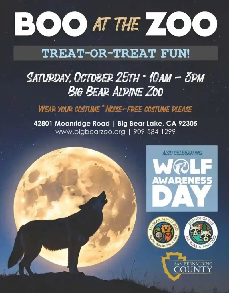 Poster for Boo at the Zoo Halloween event at Big Bear Alpine Zoo, featuring a wolf howling at a full moon.