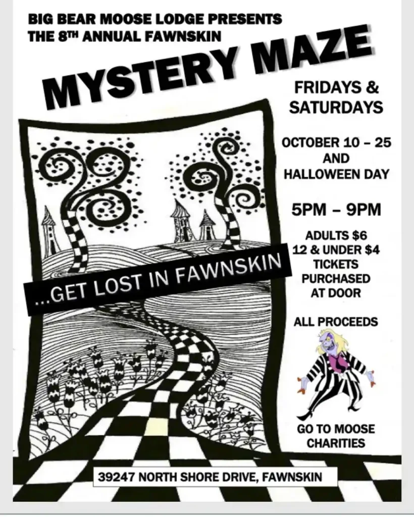 Flyer for Fawnskin Mystery Maze Halloween event in Big Bear, showing a black and white twisted path design and Beetlejuice cartoon.