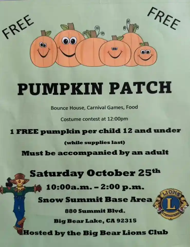 Flyer for Free Pumpkin Patch Halloween event in Big Bear with smiling pumpkins and event details.
