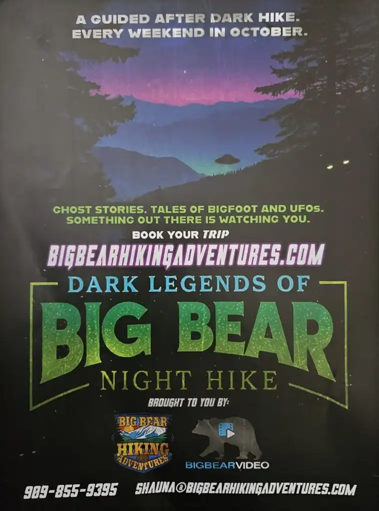 Flyer for Dark Legends of Big Bear night hike featuring glowing green text and a dark forest mountain backdrop.
