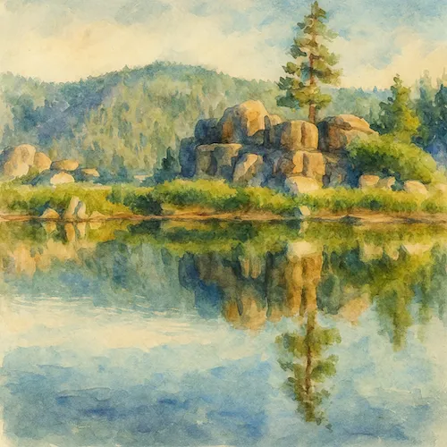 Plein air watercolor painting of Big Bear Lake landscape, featured in the Big Bear Plein Air Art Competition.