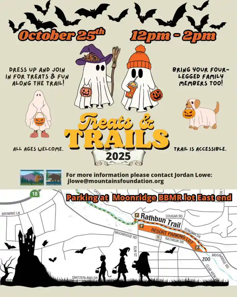 Poster for Treats & Trails Halloween event in Big Bear with cartoon ghosts, pumpkins, and a trail map illustration.