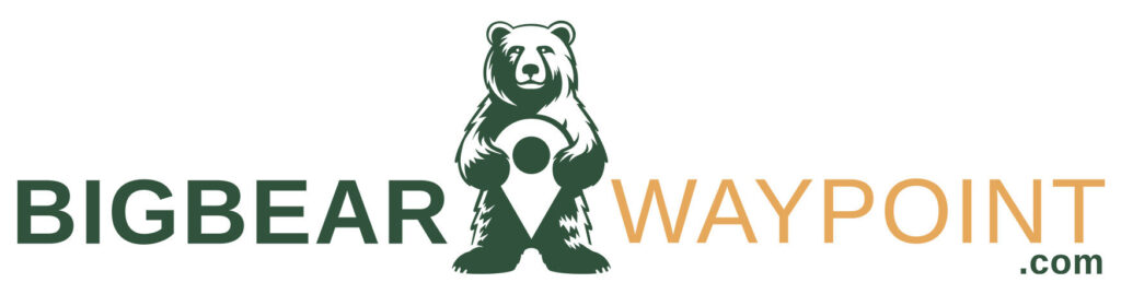 BigBearWaypoint linear logo, green and yellow, with standing bear copyright BigBearWaypoint.com