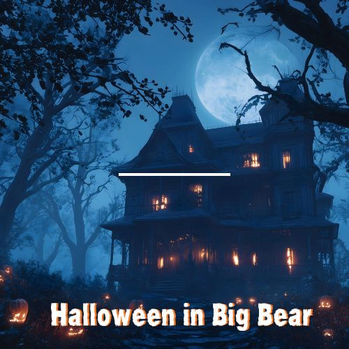 Nighttime image of a haunted house surrounded by pumpkins under a full moon, promoting Halloween in Big Bear.