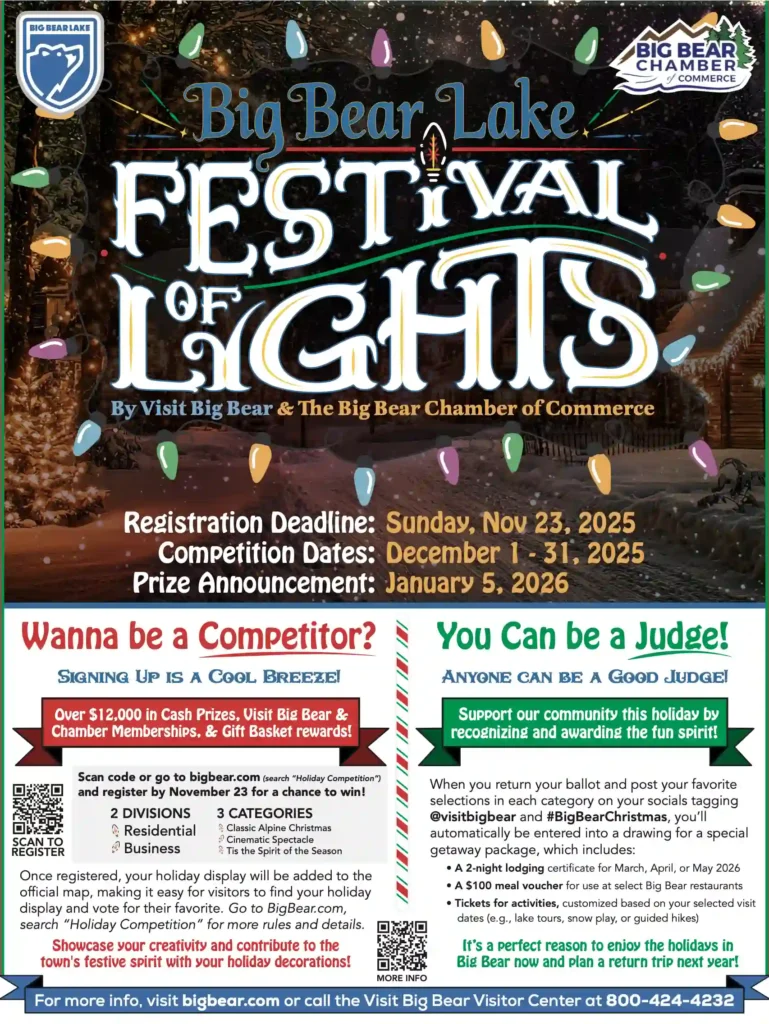 Promotional flyer for the 2025 Big Bear Lake Festival of Lights, featuring event dates, registration details, and prize information for the holiday decorating competition