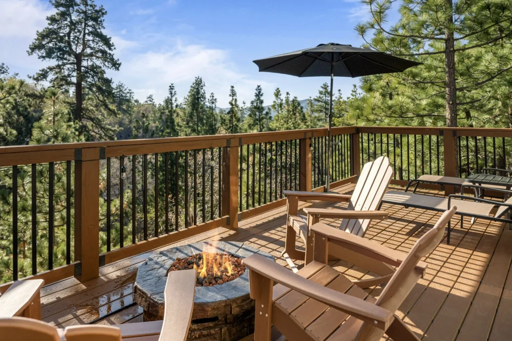 Balcony overlooking pine trees with gas fire pit and seating