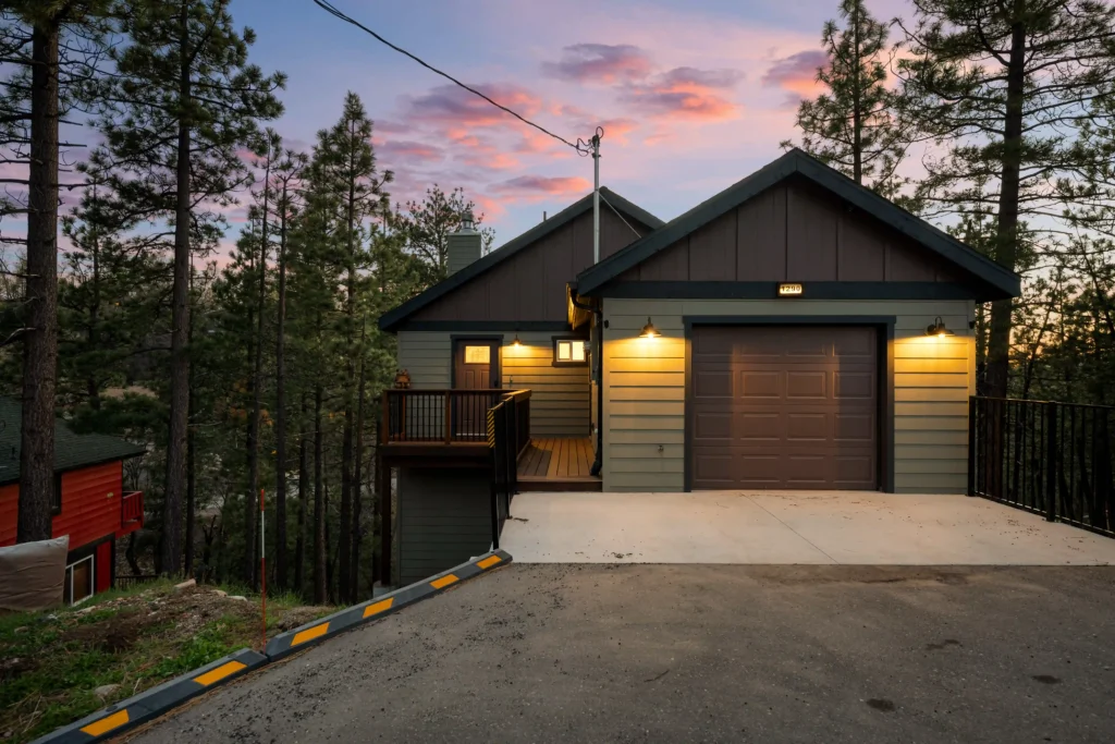 dramatic skies over Minton Grove Cabin for rent in Big Bear Lake CA