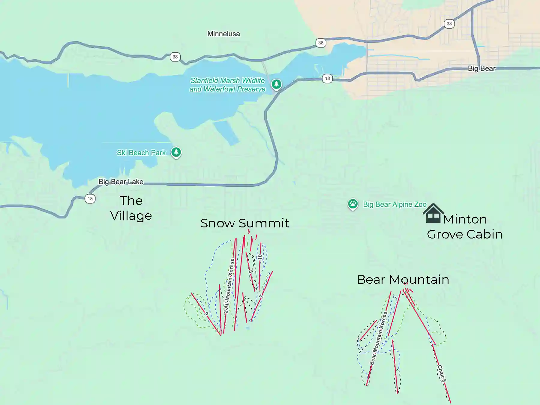 map of Minton Grove Cabin location, close to Bear Mountain and Snow Summit
